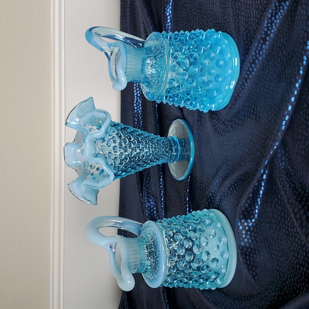 SET OF 3 GLASS DECORATIVE BLUE OPALESCENT PIECES